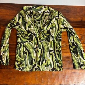 Le Grange Pleated Abstract Print Long‎ Sleeve Collared Blouse Womens Medium